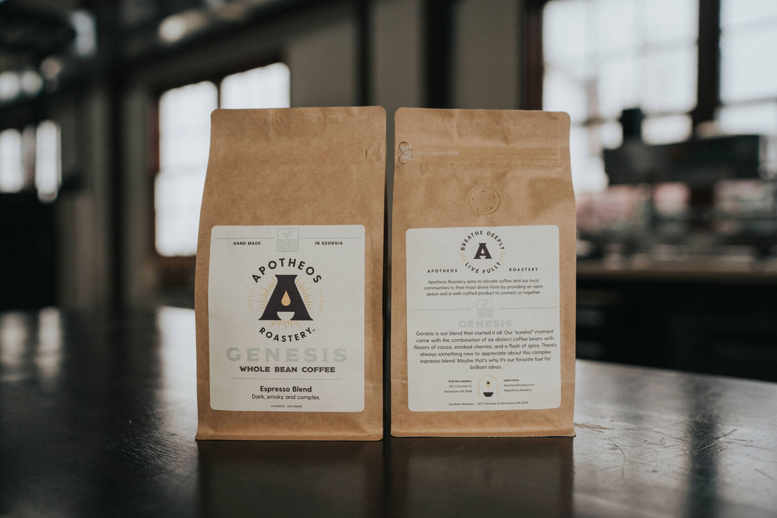 Apotheos Coffee Roastery branding whole bean coffee packaging design